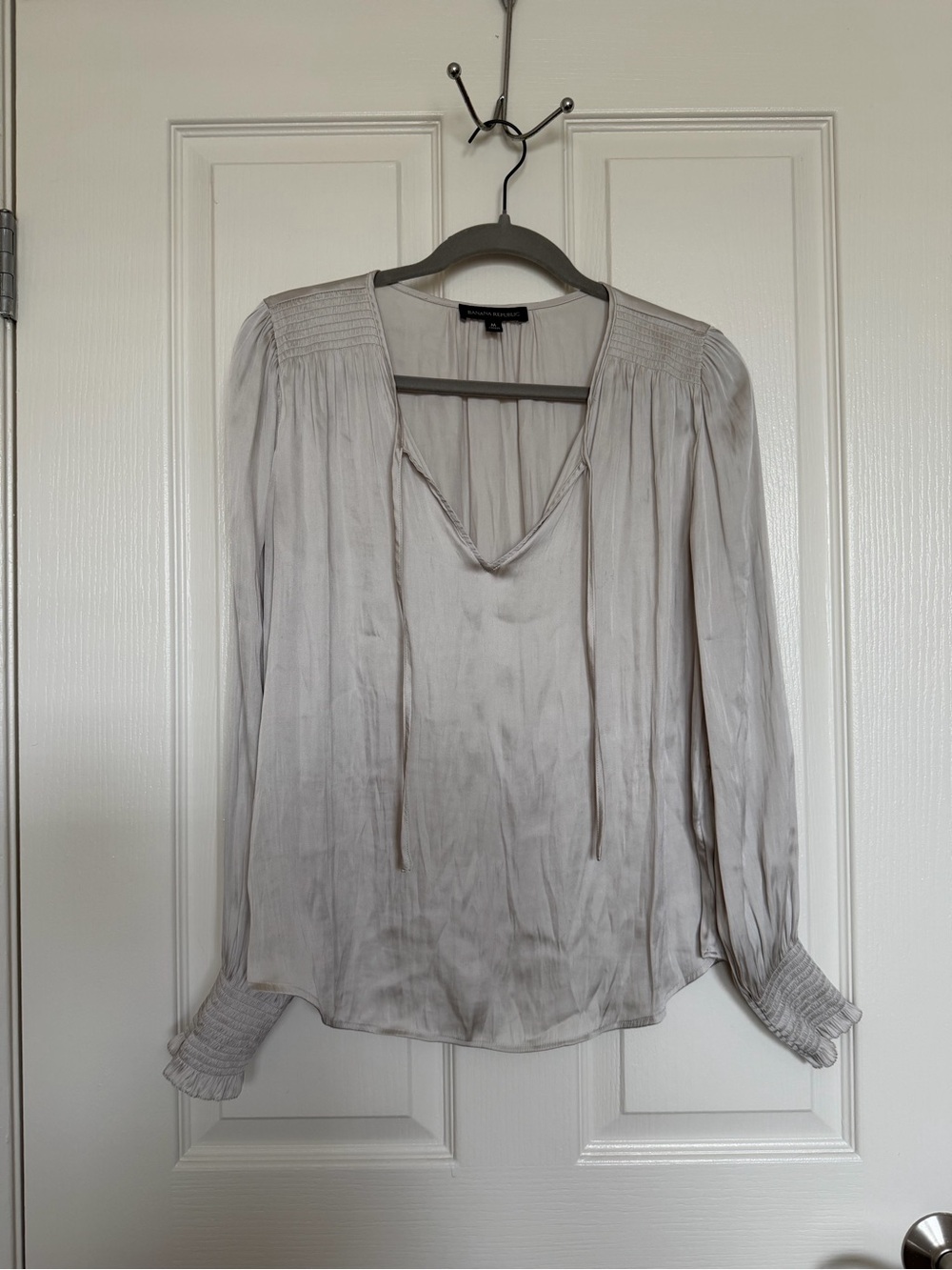 Banana Republic Light Gray Tie-Neck Smocked Blouse